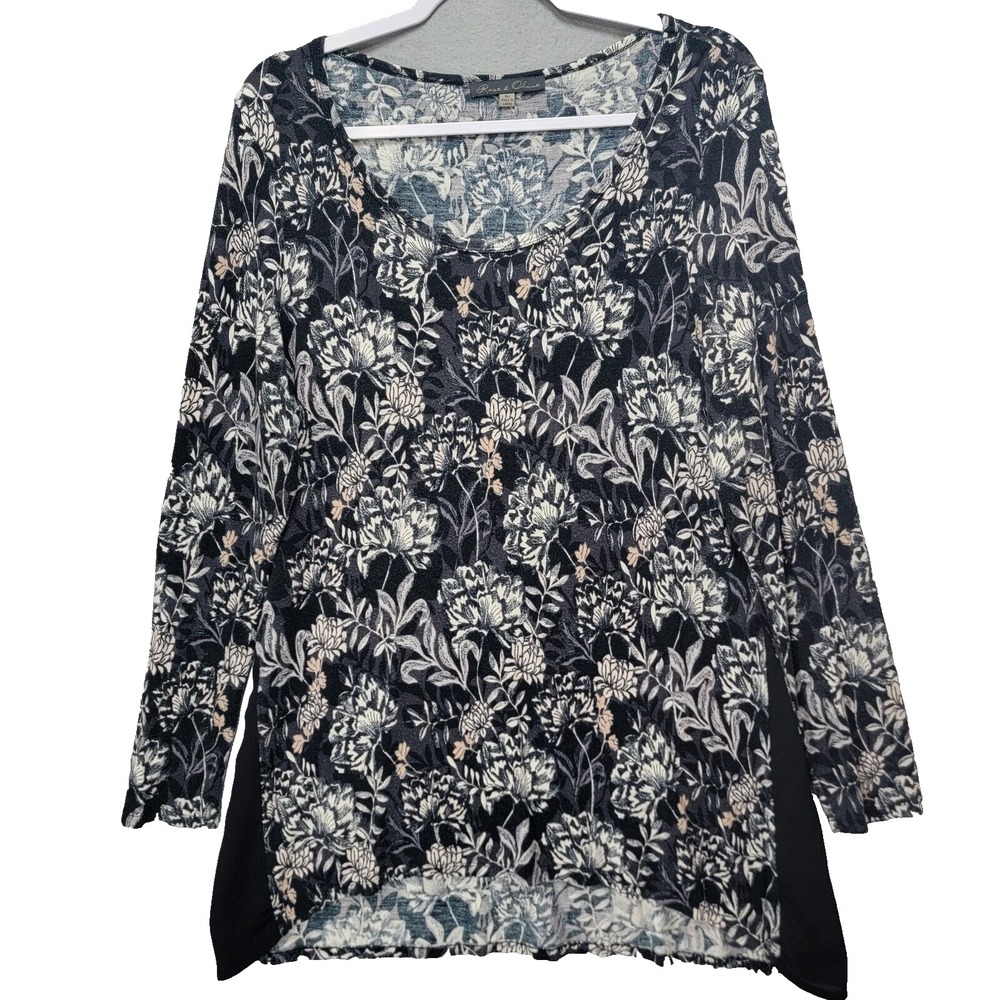Rose and Olive Blouse Top Shirt Women XL Dark Floral Long Sleeve Lagenlook Loose